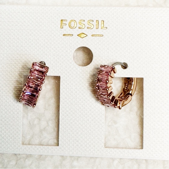 Fossil Gold Brass Tone Valentine Pink Cubic Zirconia Huggie Hoop Earrings, NWT - Picture 11 of 15